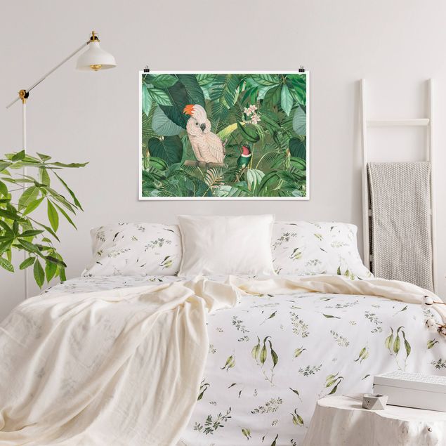 Tavlor blommor Vintage Collage - Kakadu And Hummingbird