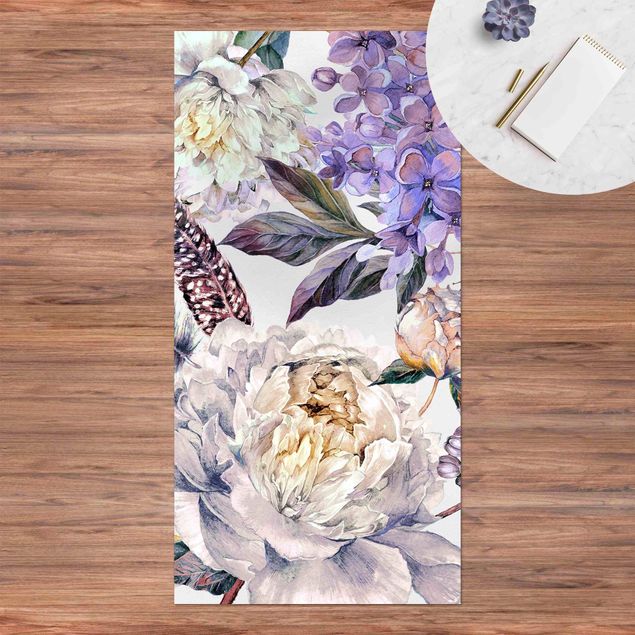 balkongmattor Delicate Watercolour Boho Flowers And Feathers Pattern