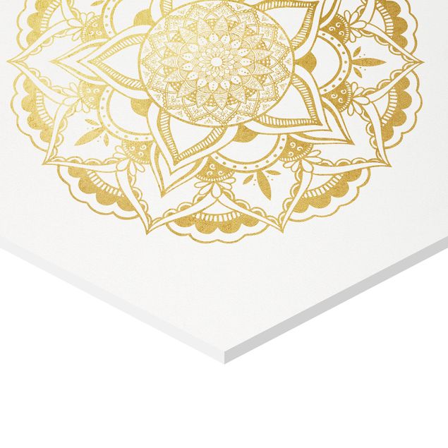 Hexagonala tavlor Mandala Flower Sun Illustration Set Gold