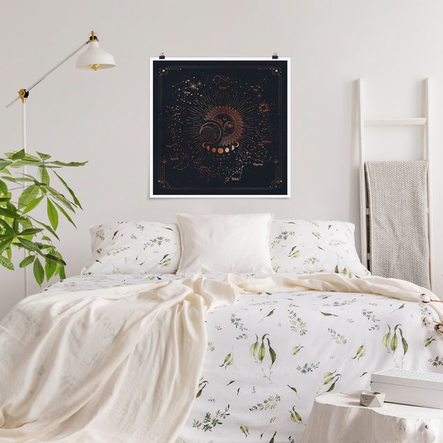 Posters världskartor Astrology Sun Moon And Stars Blue Gold