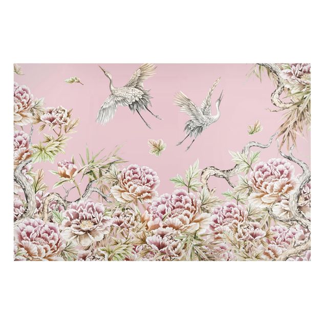 Magnettavla blommor  Watercolour Storks In Flight With Roses On Pink