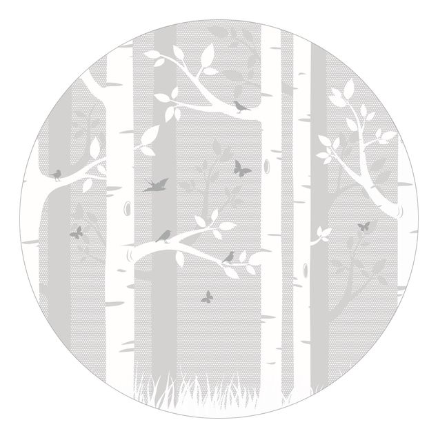 Tapeter modernt Birch Forest With Butterflies And Birds