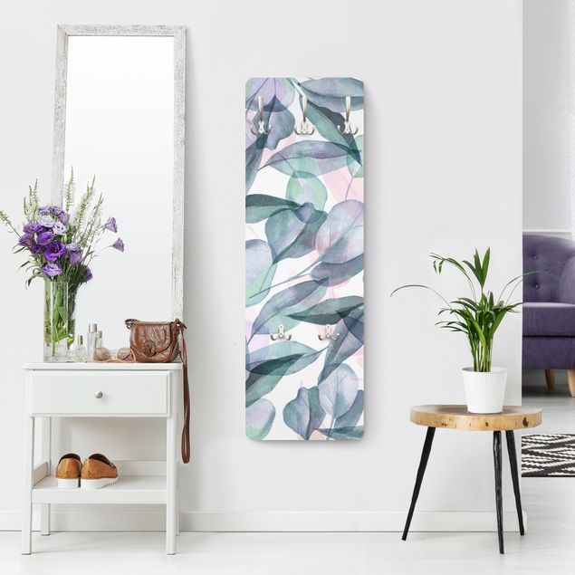 Klädhängare vägg blå Blue And Pink Eucalyptus Leaves Watercolour