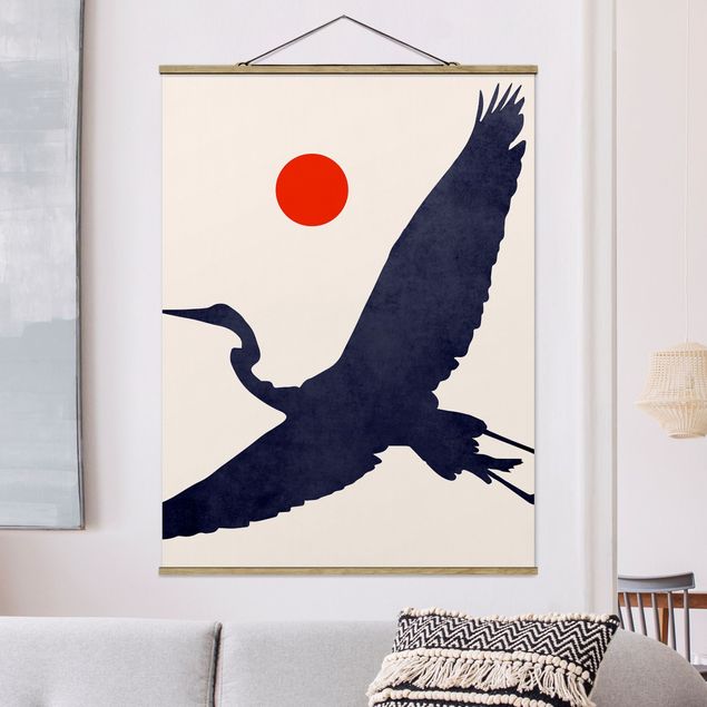 Tavlor fjädrar Blue Crane In Front Of Red Sun