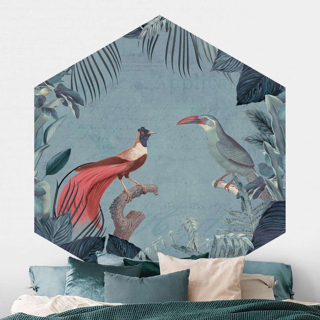 Kök dekoration Blue Gray Paradise With Tropical Birds