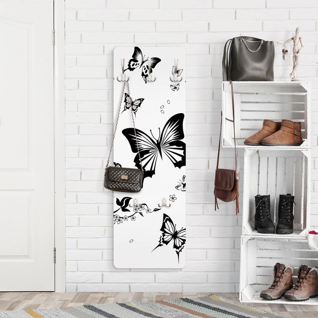 Klädhängare vägg svart och vitt Flowers and Butterflies
