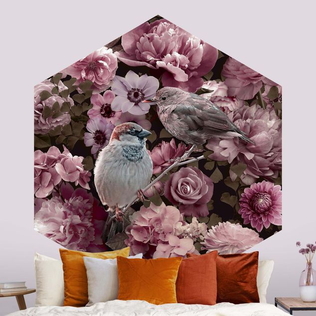 Fototapeter rosor Floral Paradise Sparrow In Antique Pink