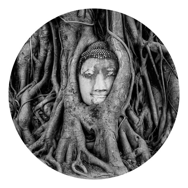Fototapeter svart och vitt Buddha In Ayutthaya Lined From Tree Roots In Black And White