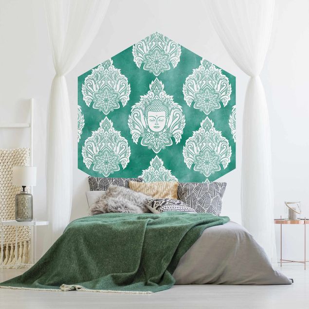 Hexagonala tapeter Buddha And Lotus Emerald Pattern