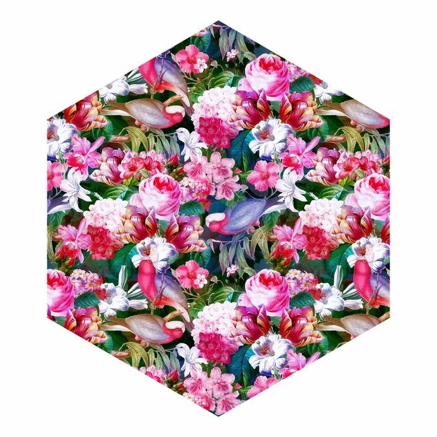 Tapeter modernt Colourful Tropical Flowers With Birds Pink