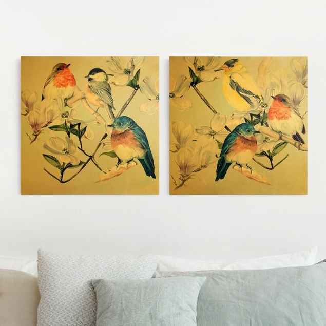 Canvastavlor fåglar Clolourful Birds On The Branch Of A Magnolia Set