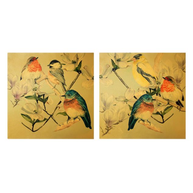 Tavlor färgglada Clolourful Birds On The Branch Of A Magnolia Set