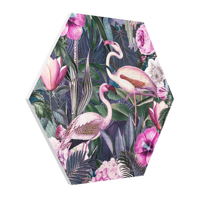 Tavlor blommor  Colorful Collage - Pink Flamingos In The Jungle