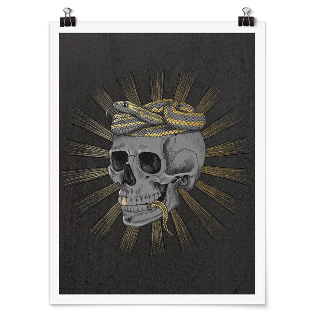Tavlor konstutskrifter Illustration Skull And Snake Black Gold