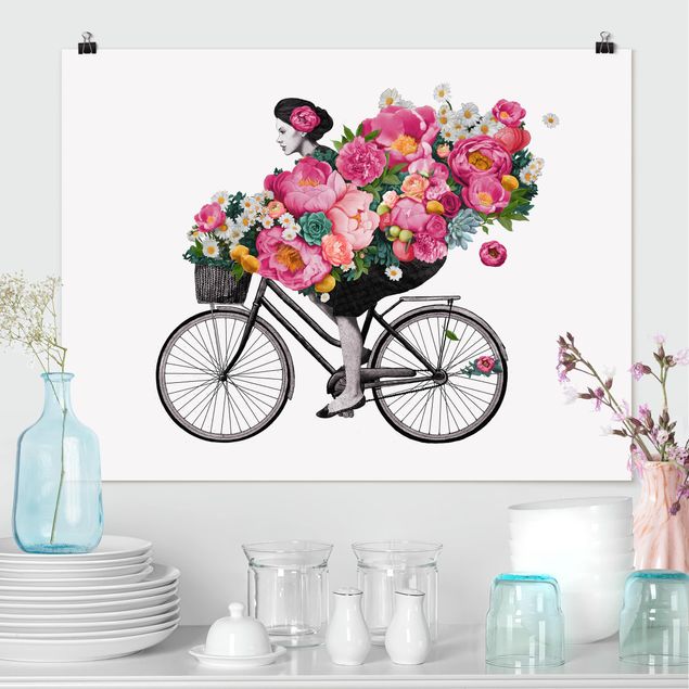 Posters blommor  Illustration Woman On Bicycle Collage Colourful Flowers