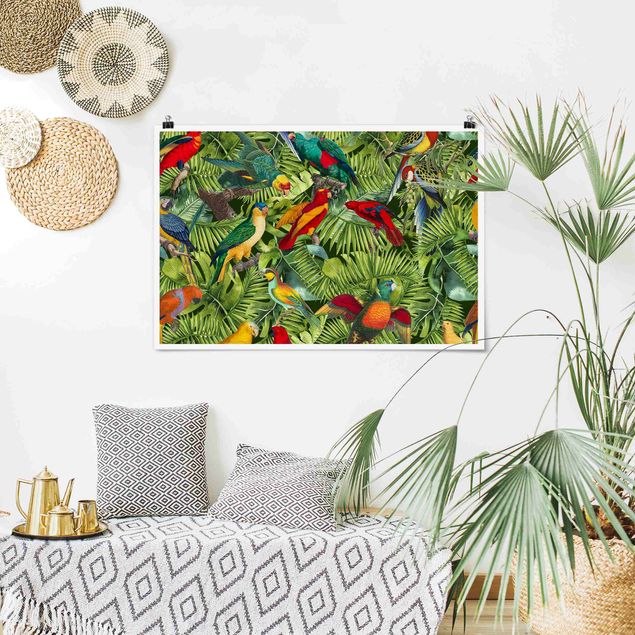 Posters blommor  Colourful Collage - Parrots In The Jungle