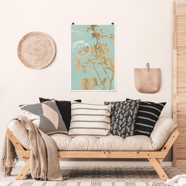 Posters blommor  Golden Leaves On Turquoise II