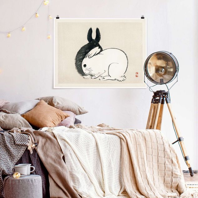 Posters svart och vitt Asian Vintage Drawing Two Bunnies