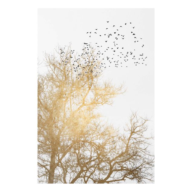 Tavlor träd Flock Of Birds In Front Of Golden Tree