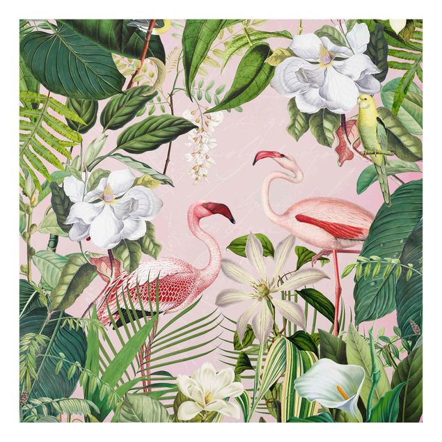glasskiva kök Tropical Flamingos With Plants In Pink