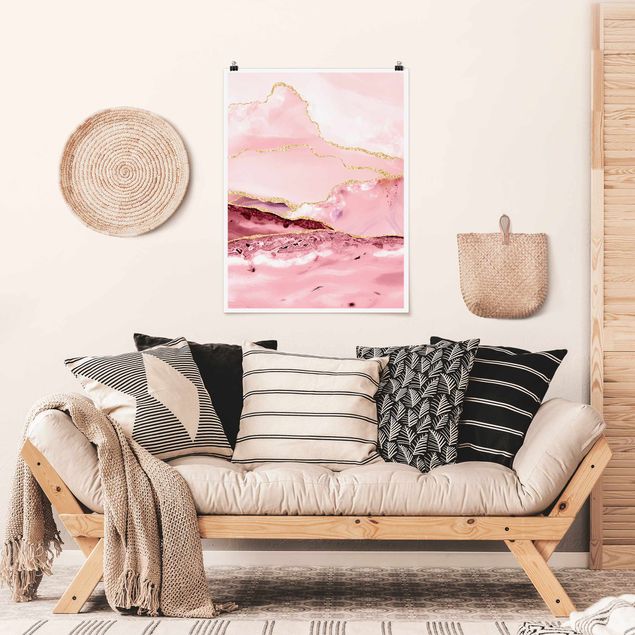Posters konstutskrifter Abstract Mountains Pink With Golden Lines