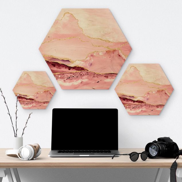Hexagonala tavlor Abstract Mountains Pink With Golden Lines