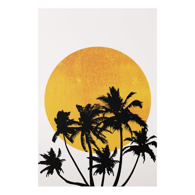 Tavlor landskap Palm Trees In Front Of Golden Sun