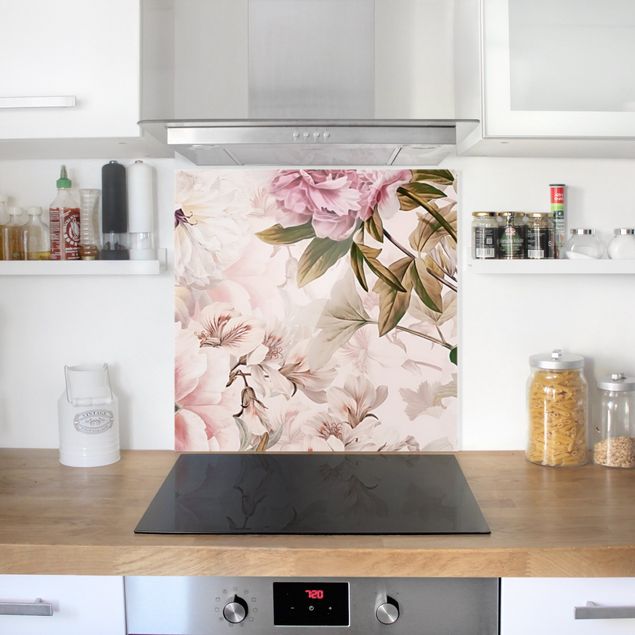 Stänkskydd kök glas blommor  Illustrated Peonies In Light Pink