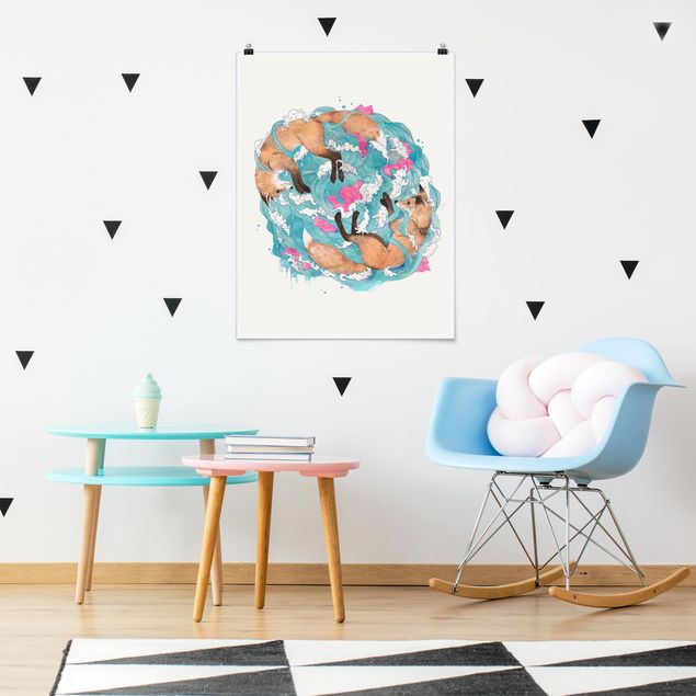 Posters djur Illustration Foxes And Waves Painting