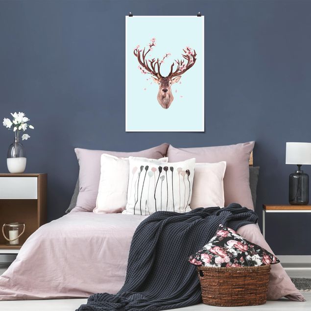 Posters blommor  Deer With Cherry Blossoms