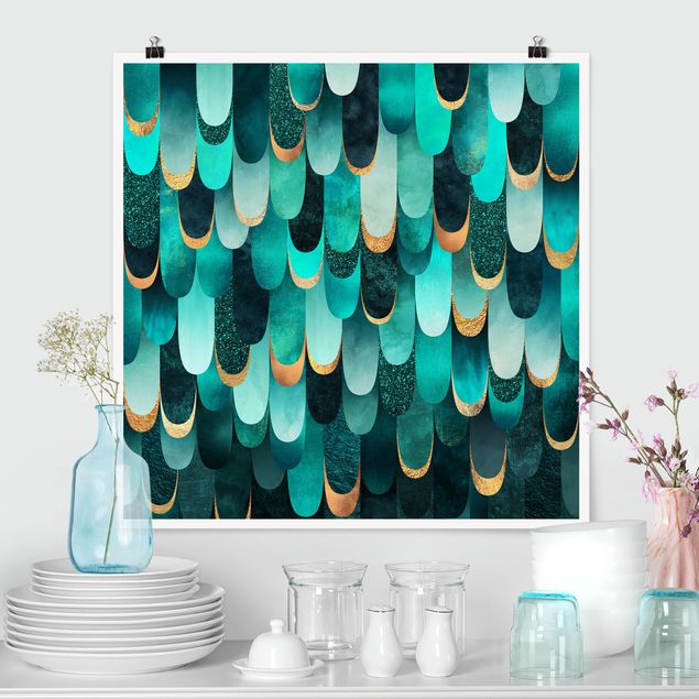Posters konstutskrifter Feathers Gold Turquoise