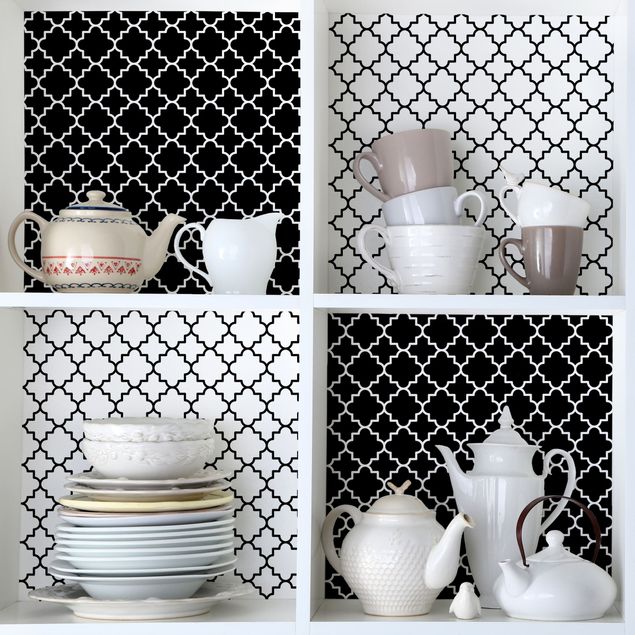 Självhäftande folier svart och vitt Moroccan Tile Pattern Quatrefoil Set