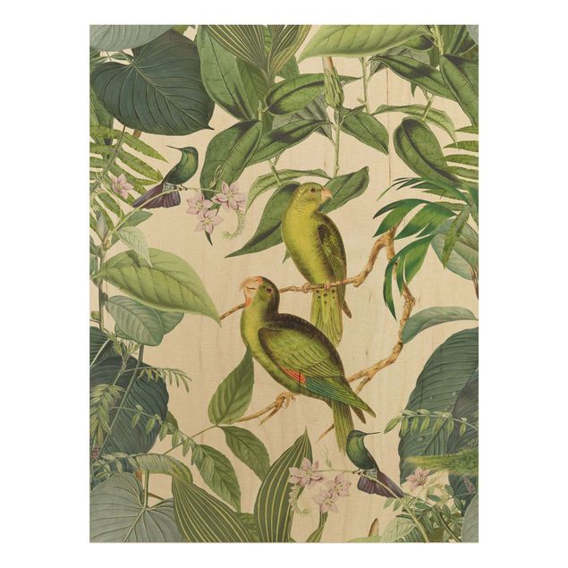 Trätavlor blommor  Vintage Collage - Parrots In The Jungle