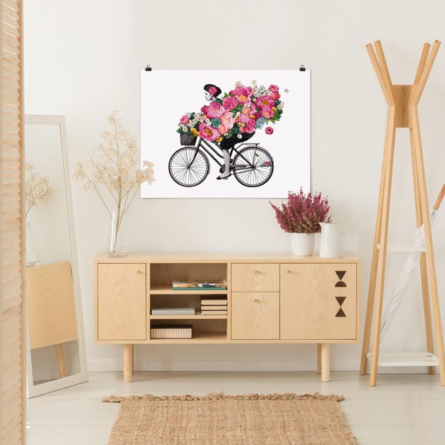 Tavlor blommor Illustration Woman On Bicycle Collage Colourful Flowers