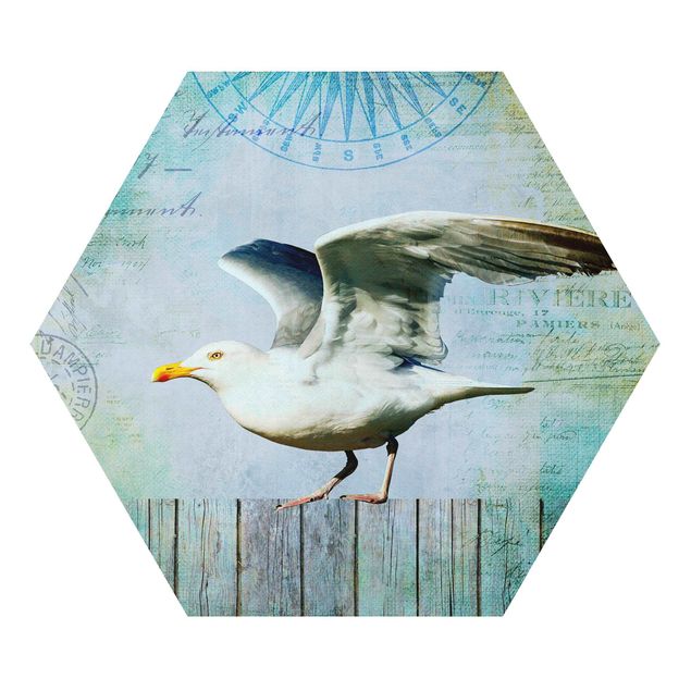 Tavlor blå Vintage Collage - Seagull On Wooden Planks
