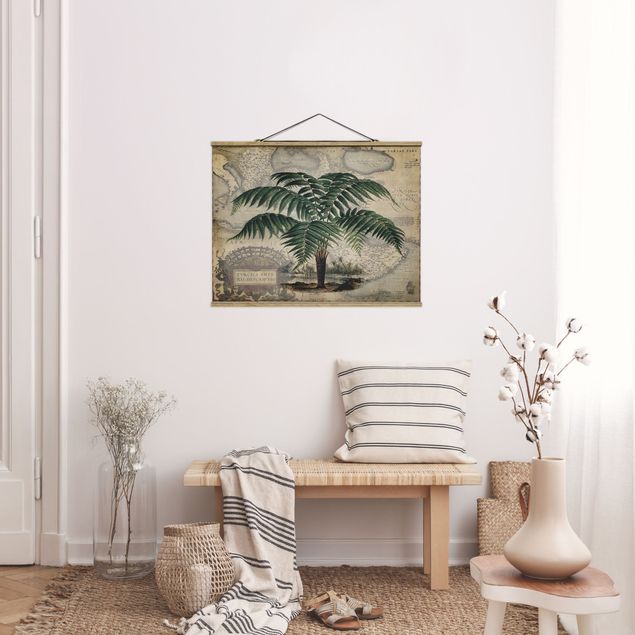 Tavlor blommor Vintage Collage - Palm And World Map