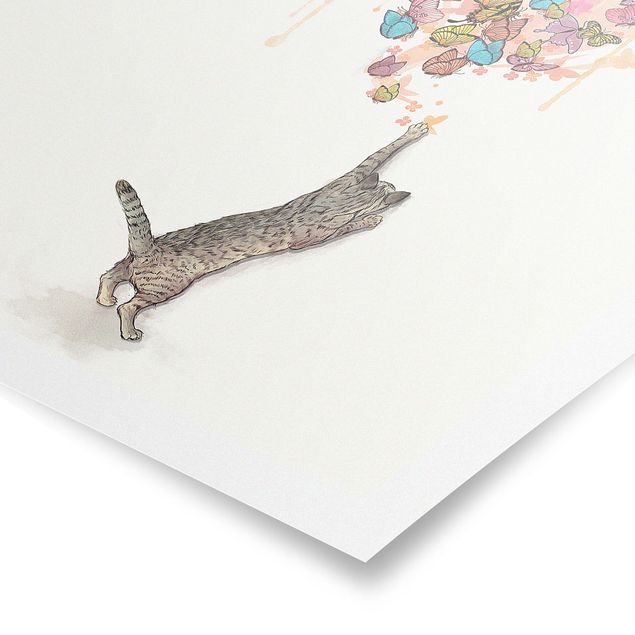 Posters djur Illustration Cat With Colourful Butterflies Painting