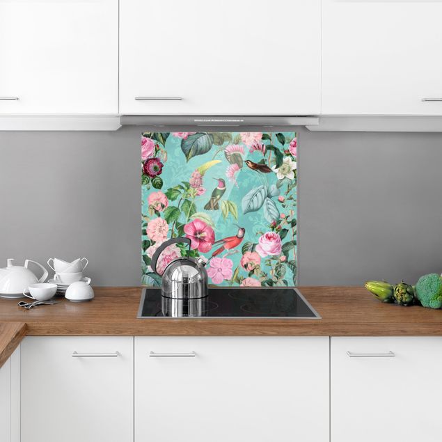 Stänkskydd kök glas blommor  Vintage Collage - Hummingbird In Pradise