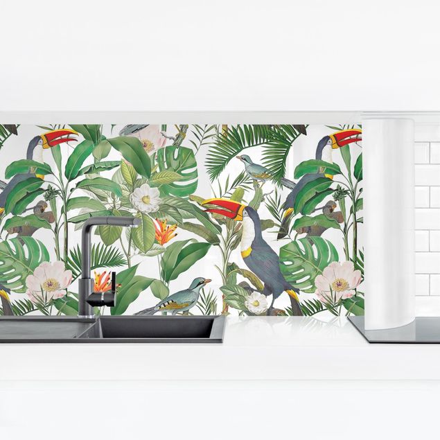 väggplatta kök Tropical Toucan With Monstera And Palm Leaves