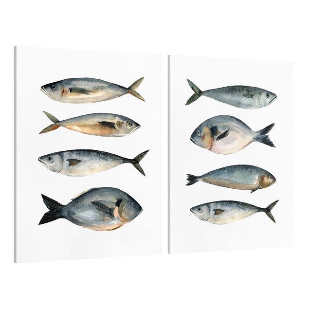 Canvastavlor djur Eight Fish In Watercolour Set I