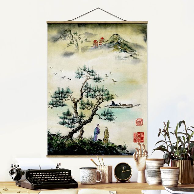 Kök dekoration Japanese Watercolour Drawing Pine And Mountain Village