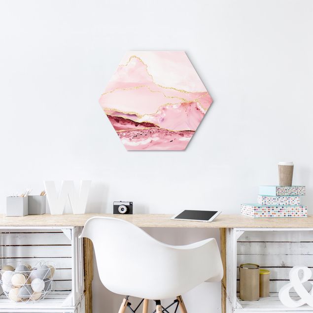 Tavlor konstutskrifter Abstract Mountains Pink With Golden Lines
