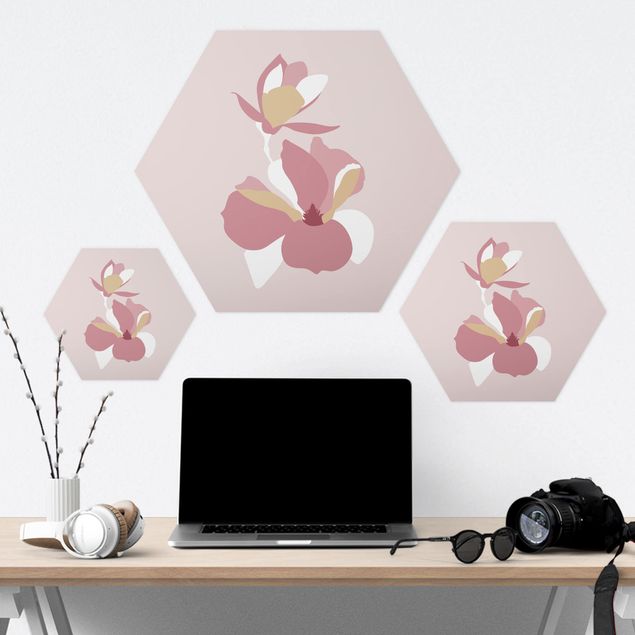 Hexagonala tavlor Line Art Flowers Pastel Pink