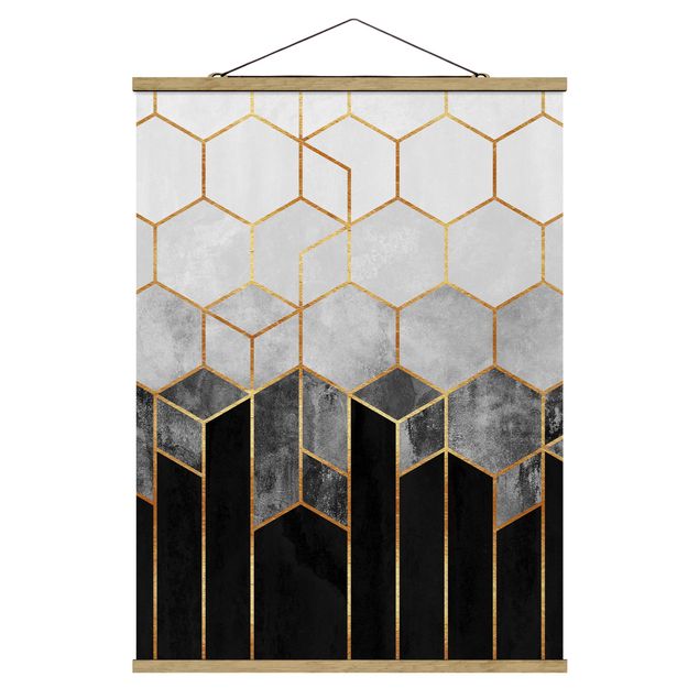 Tavlor abstrakt Golden Hexagons Black And White