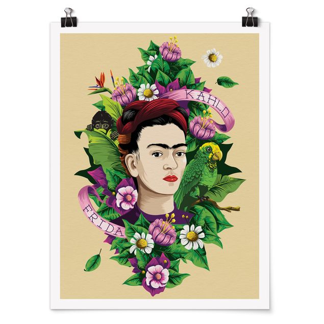 Posters blommor  Frida Kahlo - Frida, Monkey And Parrot