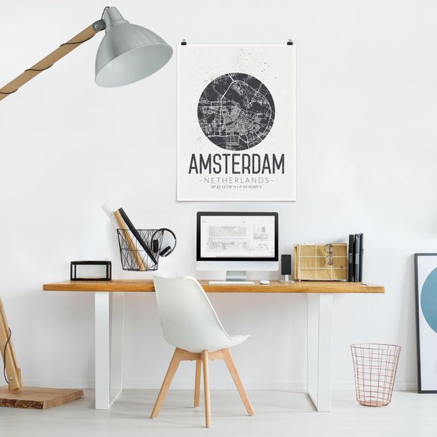 Posters svart och vitt Amsterdam City Map - Retro