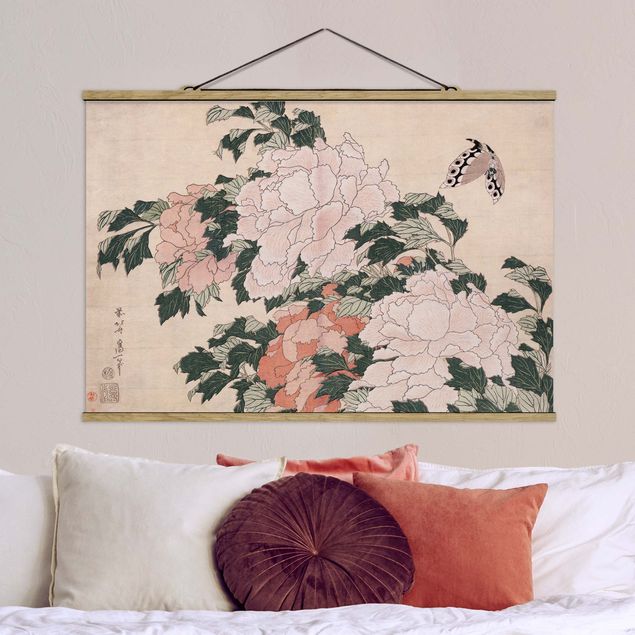 Kök dekoration Katsushika Hokusai - Pink Peonies With Butterfly