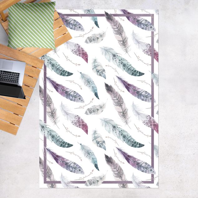 utomhusmattor Boho Watercolour Feathers In Aubergine And Petrol Colour With Frame