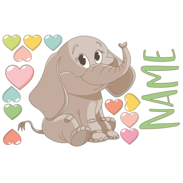 Wallstickers med egen text Rainbow Elephant With Colourful Hearts
