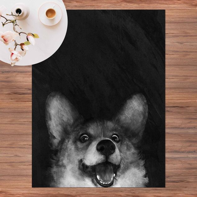 balkongmatta Illustration Dog Corgi Paintig Black And White